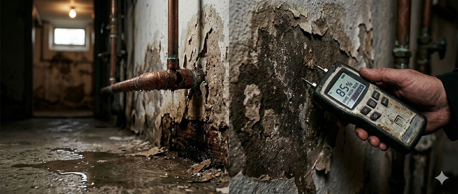 Fugtmåler på beskadiget væg