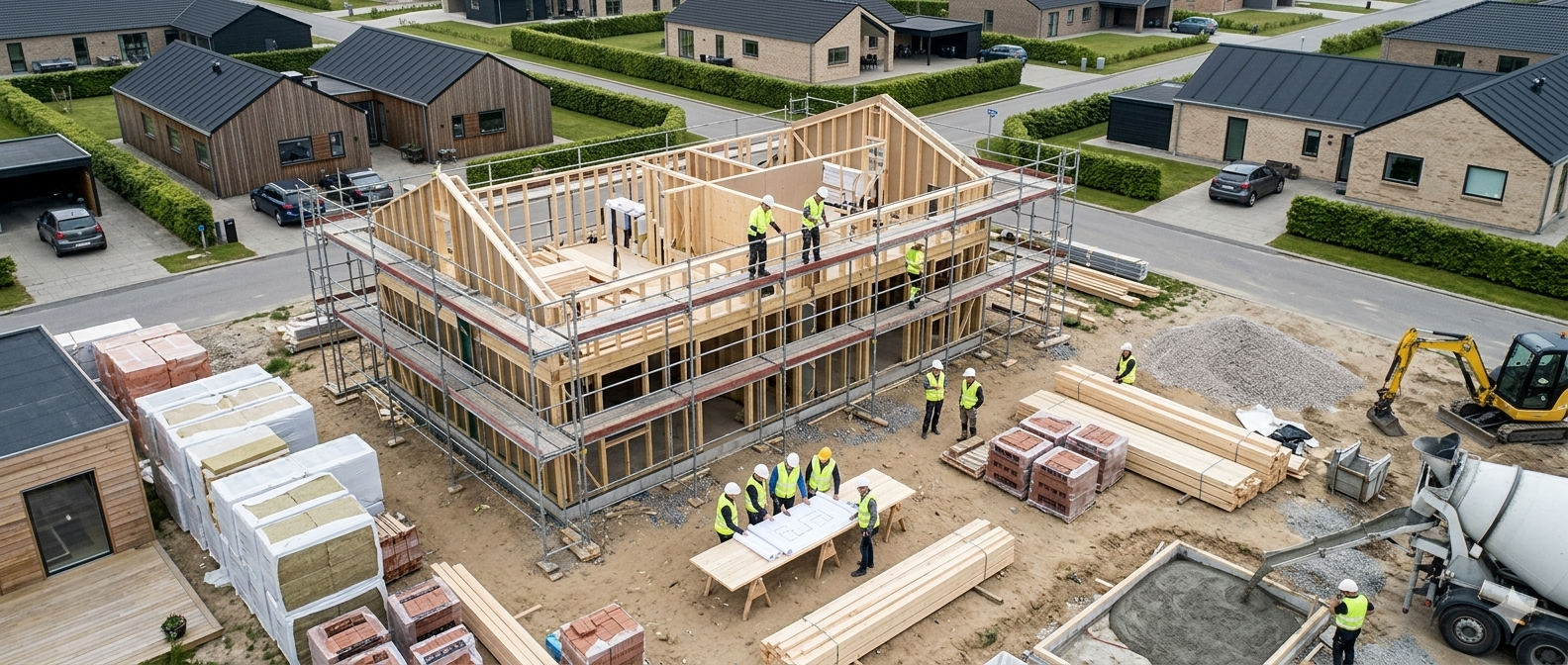 Byggeplads med håndværkere og stilladser