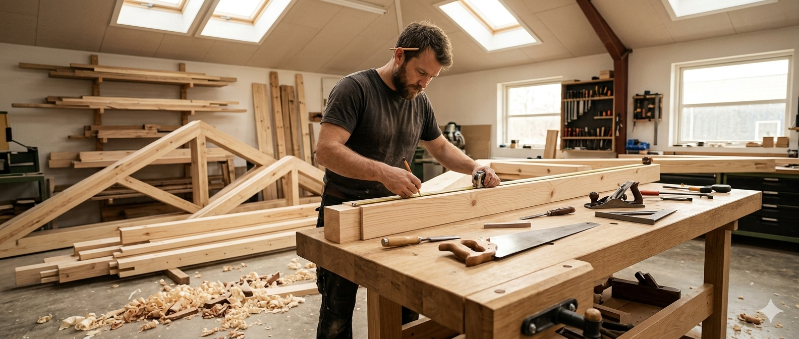 Tømrer der arbejder med træ i værksted