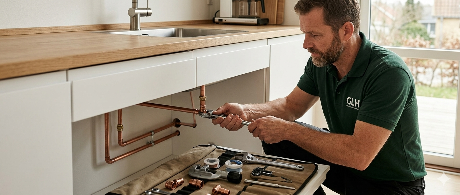 VVS montør med kobberrør under vask